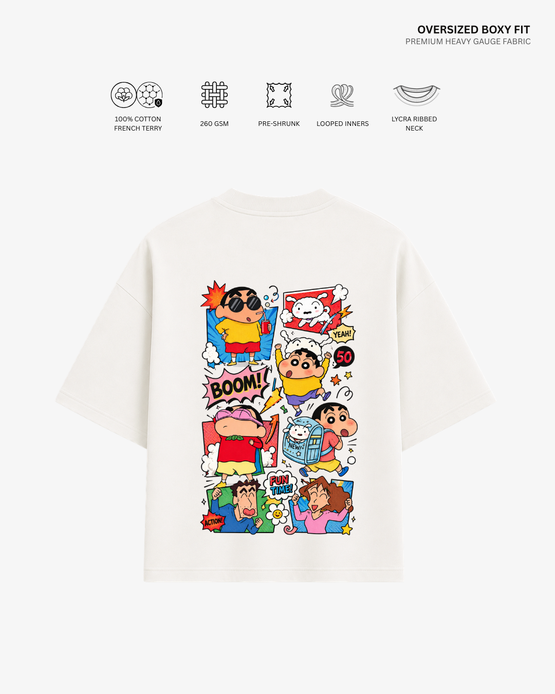 Shinchan Comic Chaos French Terry Oversized T-Shirt | Antherr Core OFF WHITE Cotton French Terry 260 GSM