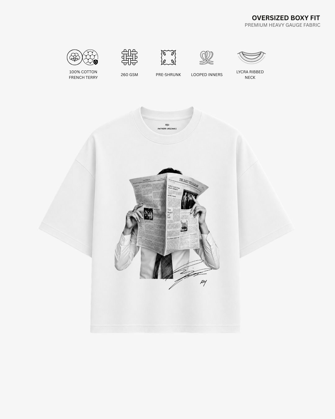 Bangtan Boys French Terry Oversized T-Shirt | Antherr Core RM (White) Cotton French Terry 260 GSM