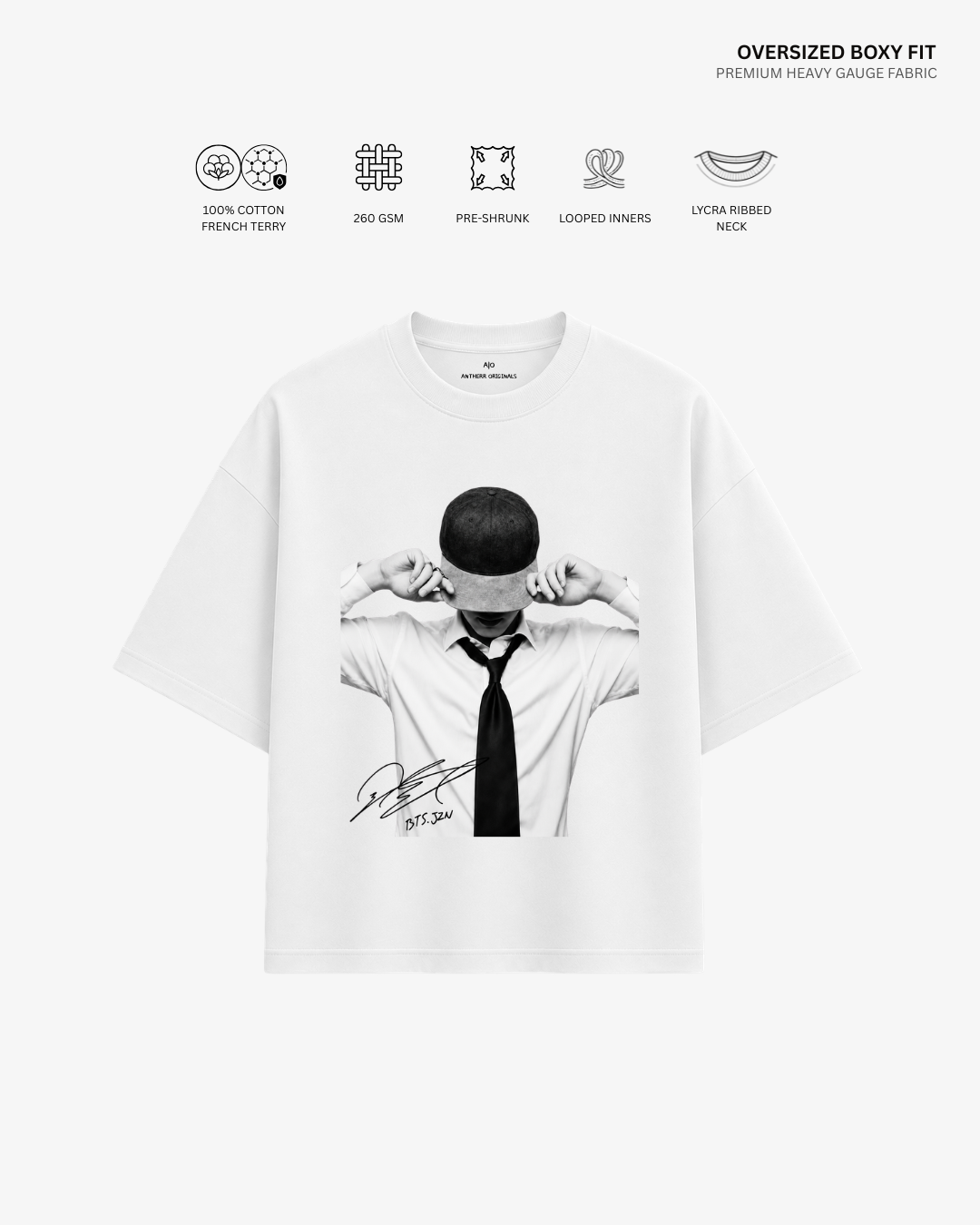 Bangtan Boys French Terry Oversized T-Shirt | Antherr Core Jin (White) Cotton French Terry 260 GSM