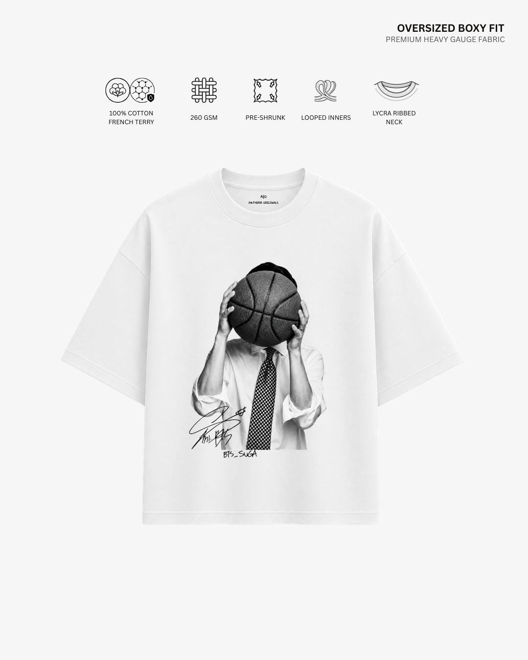 Bangtan Boys French Terry Oversized T-Shirt | Antherr Core Suga (White) Cotton French Terry 260 GSM