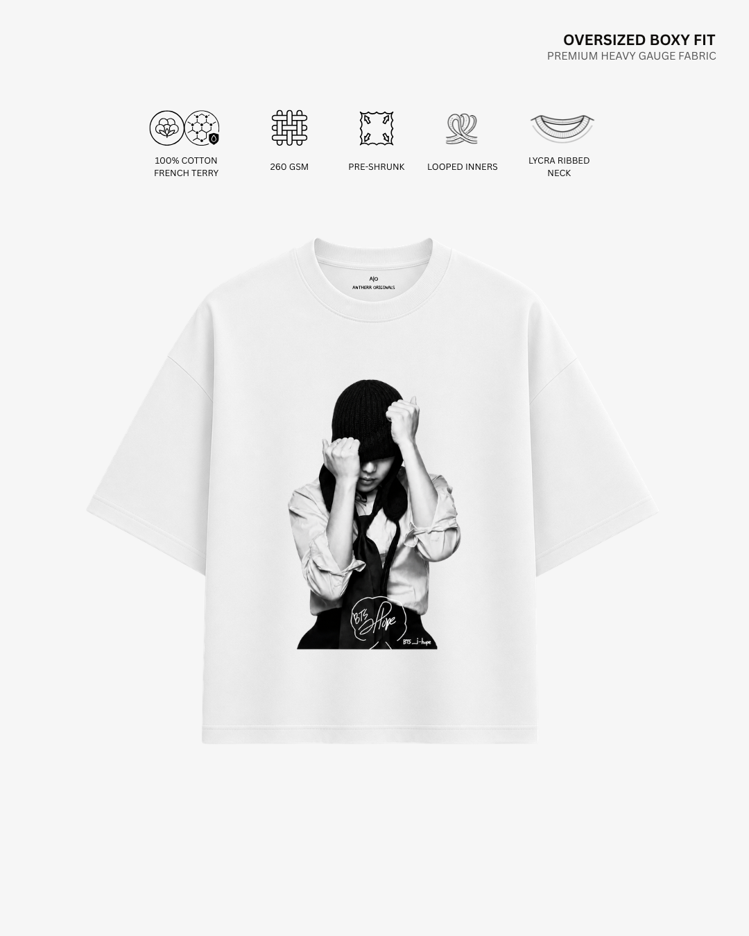 Bangtan Boys French Terry Oversized T-Shirt | Antherr Core J-Hope (White) Cotton French Terry 260 GSM