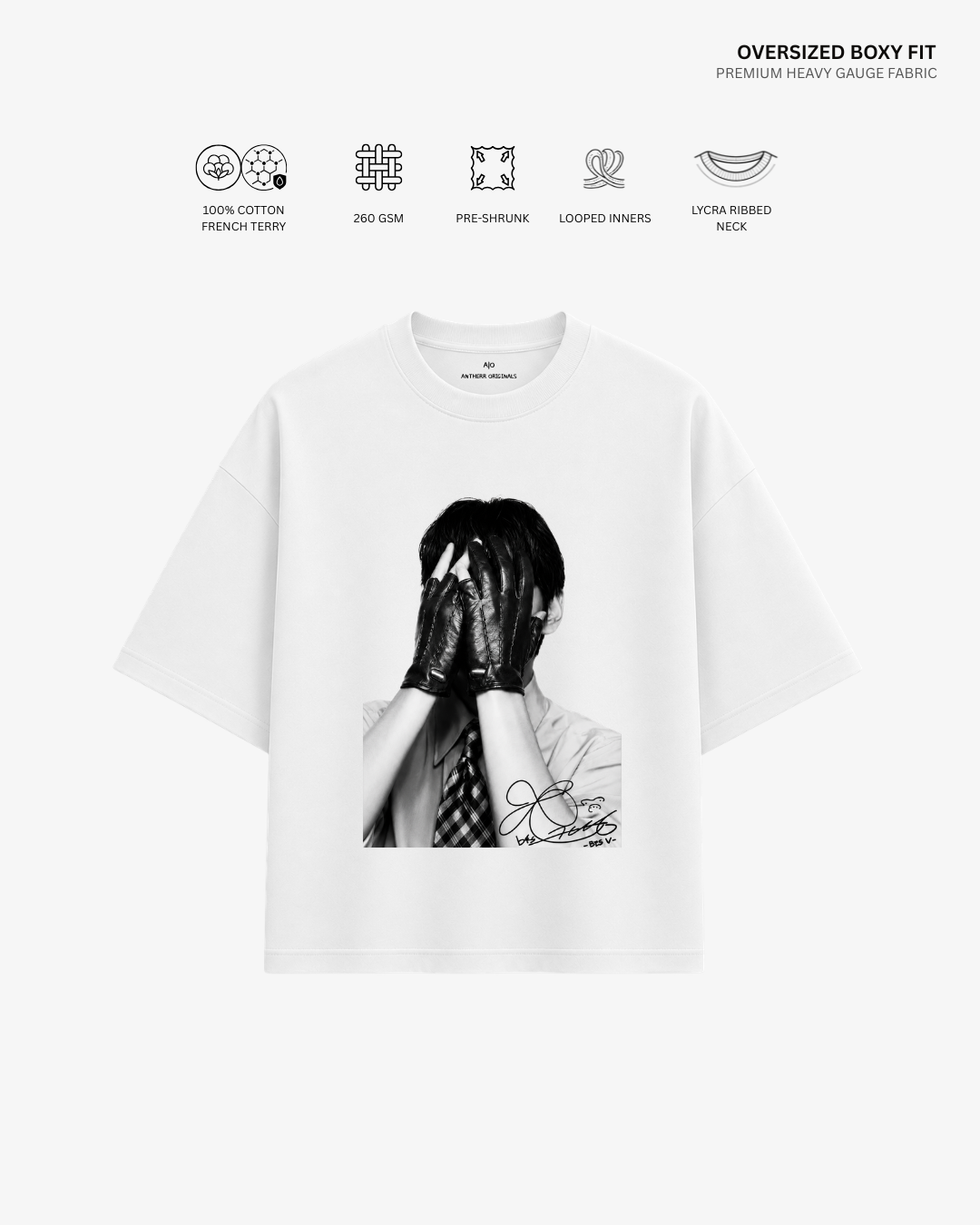 Bangtan Boys French Terry Oversized T-Shirt | Antherr Core V (White) Cotton French Terry 260 GSM