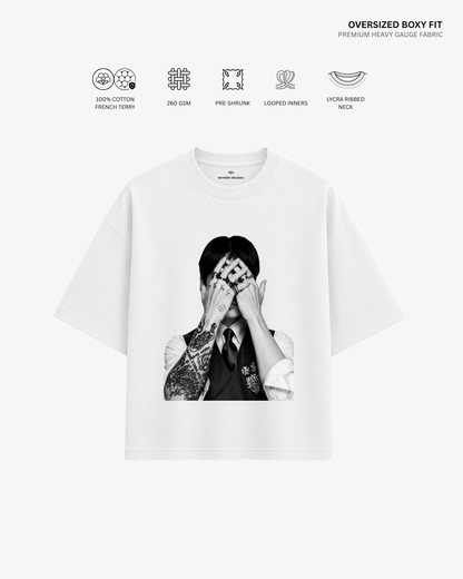 Bangtan Boys French Terry Oversized T-Shirt | Antherr Core Jungkook (White) Cotton French Terry 260 GSM