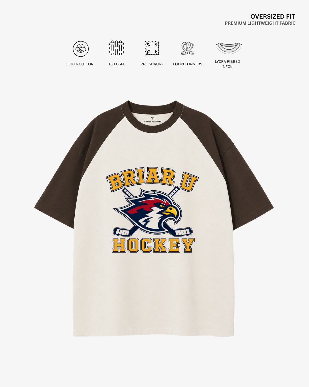 Briar University Hawks Unisex Ranglan Oversized T-Shirt | Antherr Core Coffee Brown-Off White Cotton 180 GSM