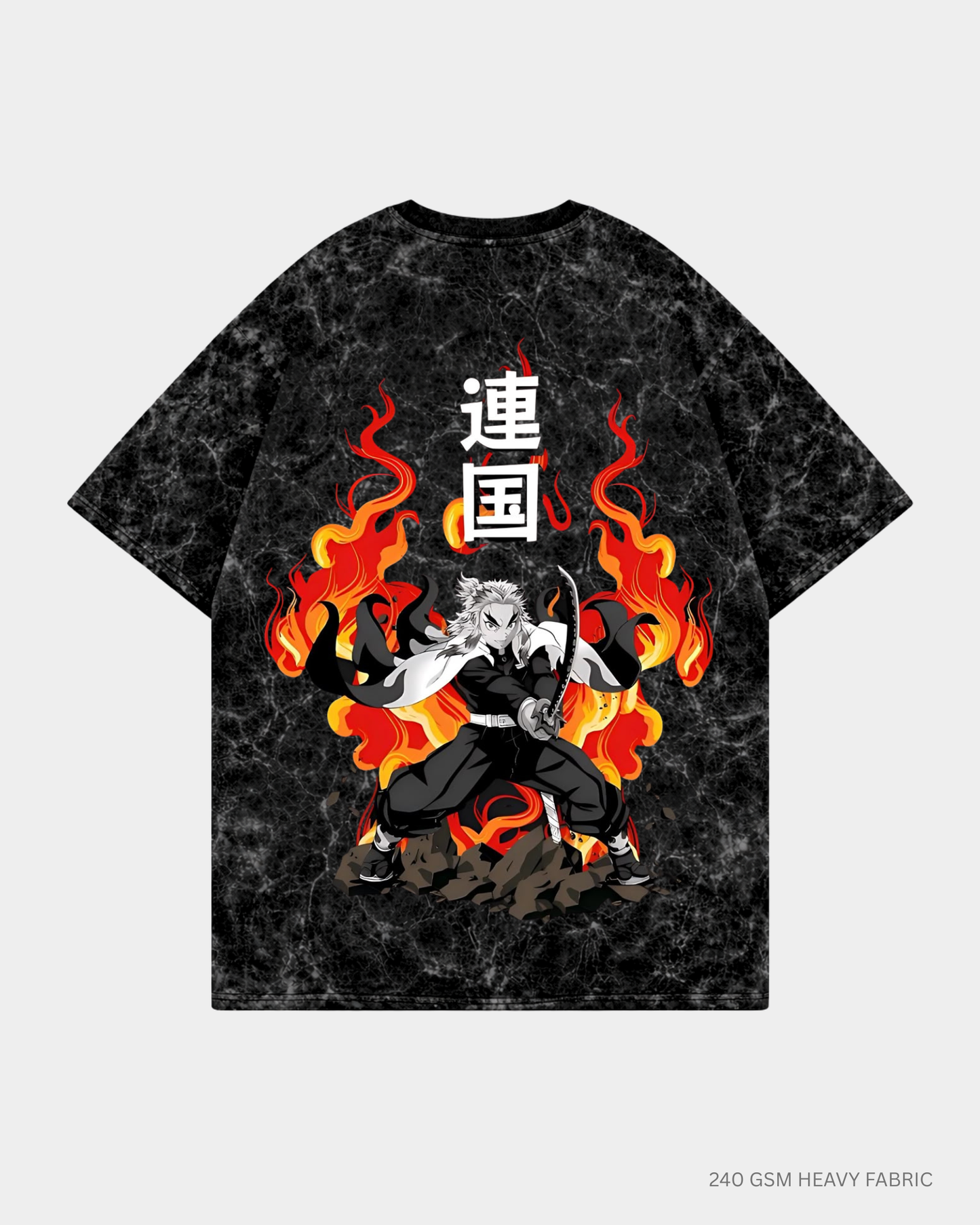 Rengoku Hashira Unisex Oversized T-Shirts | Antherr Core Acid Wash Black Cotton 240 GSM