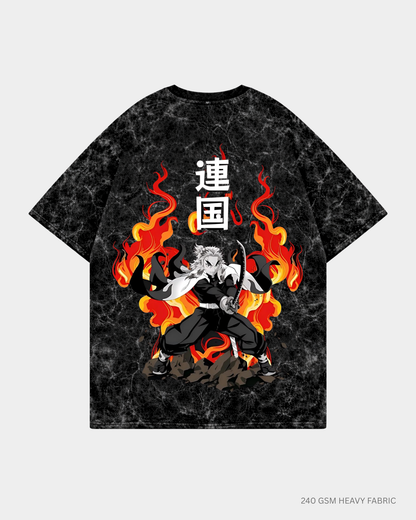Rengoku Hashira Unisex Oversized T-Shirts | Antherr Core Acid Wash Black Cotton 240 GSM