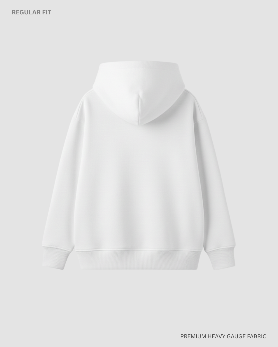 A plain white pullover hoodie shown from the back on a light gray studio background, with small text reading 'REGULAR FIT' at top left and 'PREMIUM HEAVY GAUGE FABRIC' at bottom right.