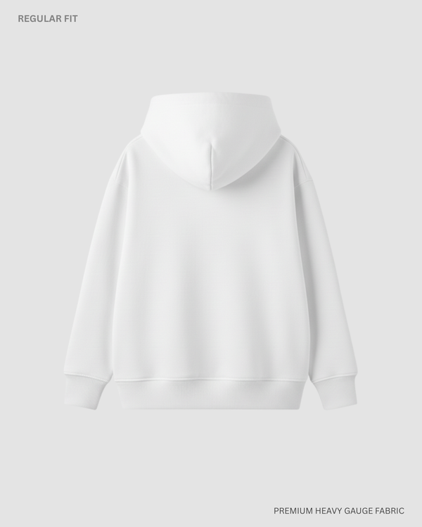 A plain white pullover hoodie shown from the back on a light gray studio background, with small text reading 'REGULAR FIT' at top left and 'PREMIUM HEAVY GAUGE FABRIC' at bottom right.