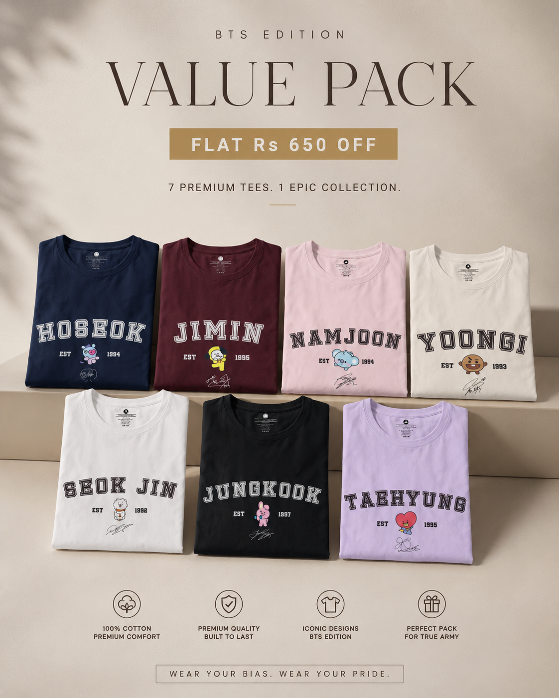 BTS Crew Unisex Regular Fit T-Shirt PACK OF 7