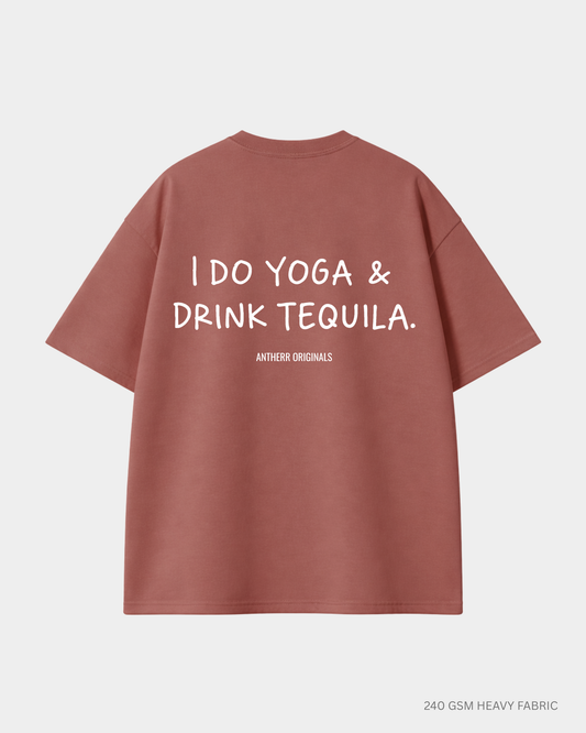 I Do Yoga & Drink Tequila Unisex Oversized T-Shirt | Antherr Originals CORAL RED Cotton 240 GSM