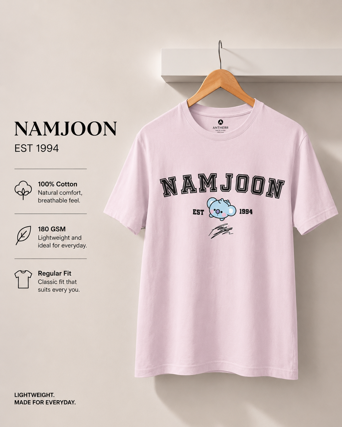 BTS Crew Unisex Regular Fit T-Shirt Namjoon Baby Pink