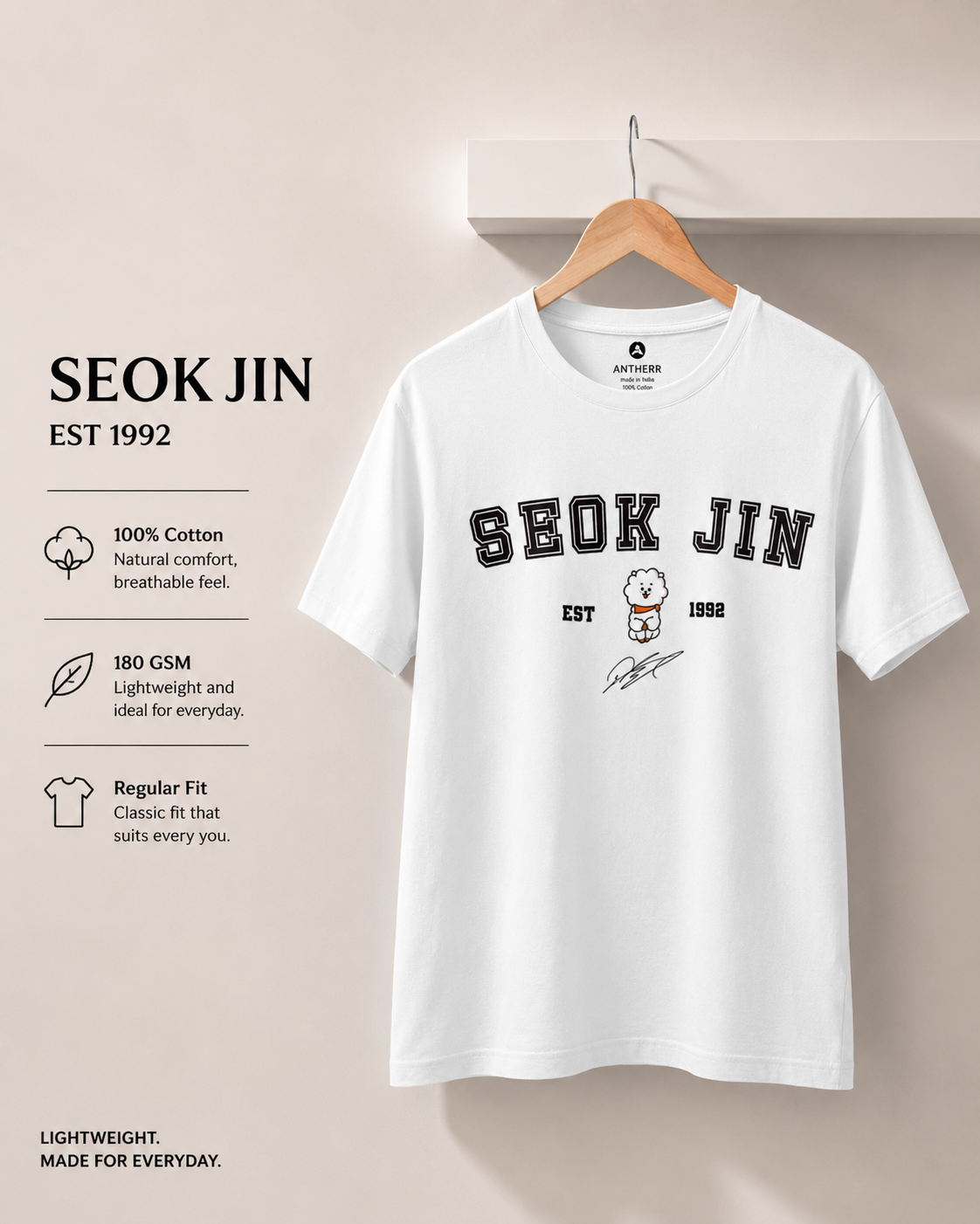 BTS Crew Unisex Regular Fit T-Shirt Seok Jin White