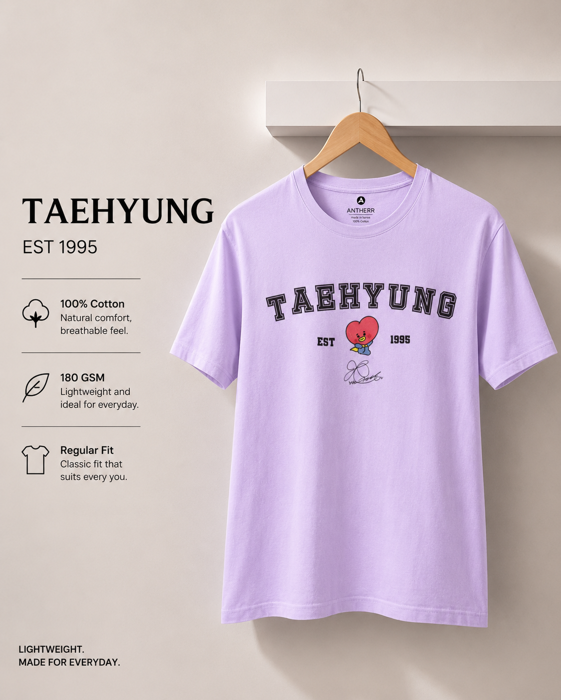 BTS Crew Unisex Regular Fit T-Shirt Taehyung Lavender