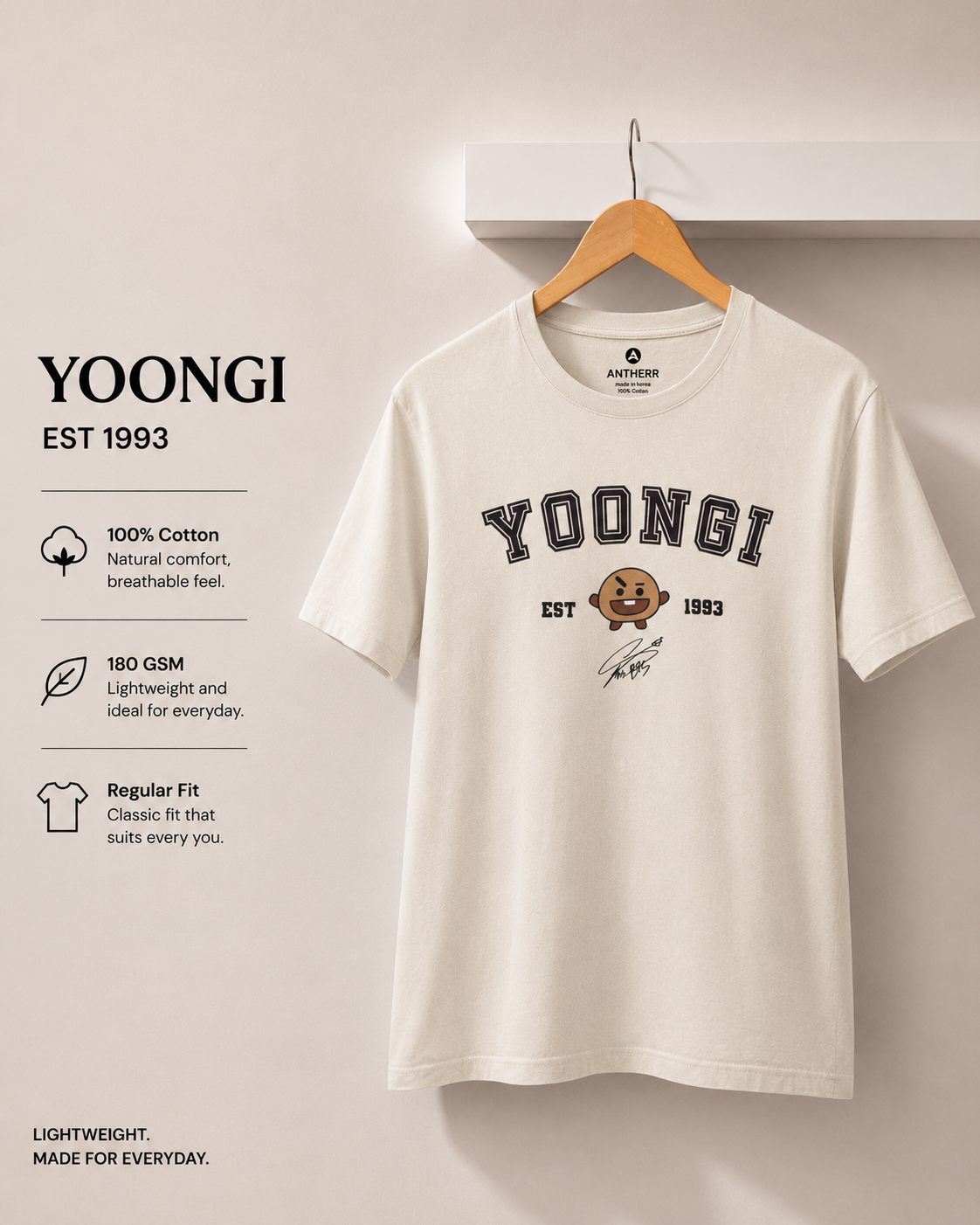 BTS Crew Unisex Regular Fit T-Shirt Yoongi Off White