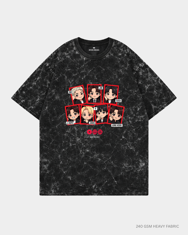 Chibi Arirang BTS Member Unisex Oversized T-Shirt | Antherr Core Acid Wash Black Cotton 240 GSM