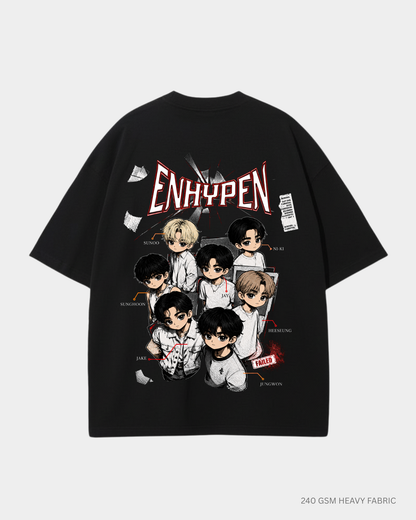 Chibi Enhypen Unisex Oversized T-Shirt | Antherr Core Black Cotton 240 GSM
