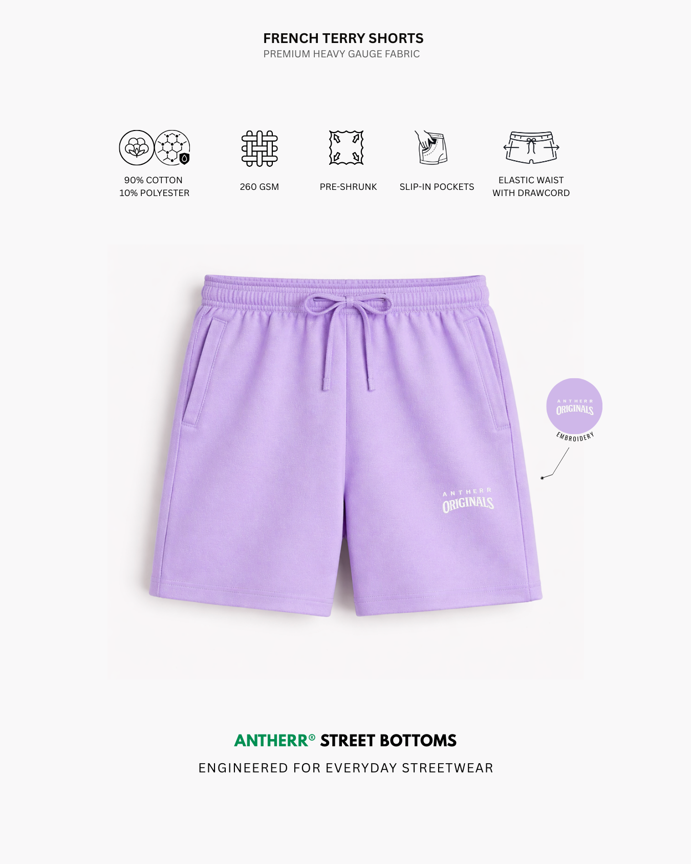 Lavender Unisex Everyday French Terry Shorts Lavender