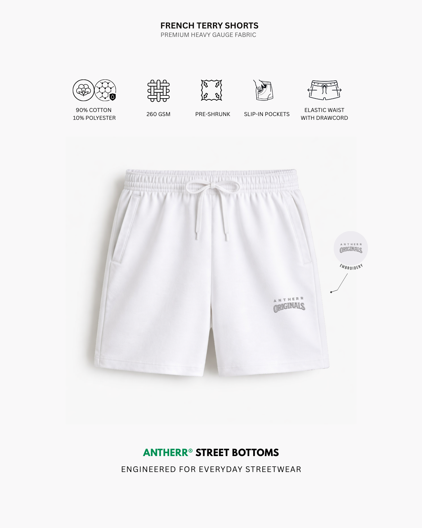 White Unisex Everyday French Terry Shorts White