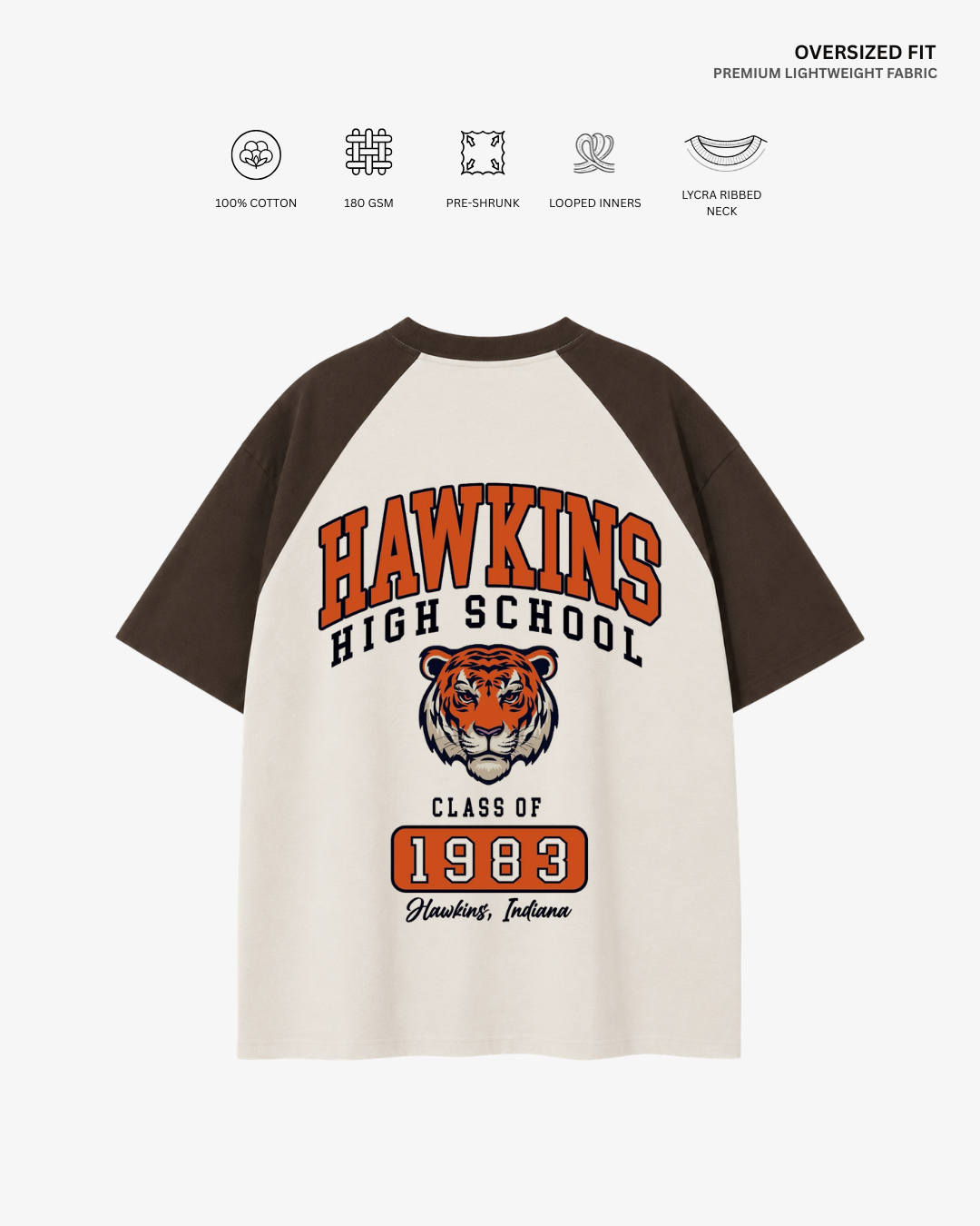 Hawkins High School Unisex Raglan Oversized T-Shirt | Antherr Core Coffee Brown-Off White Cotton 180 GSM