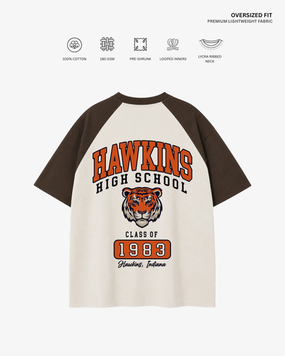 Hawkins High School Unisex Raglan Oversized T-Shirt | Antherr Core Coffee Brown-Off White Cotton 180 GSM