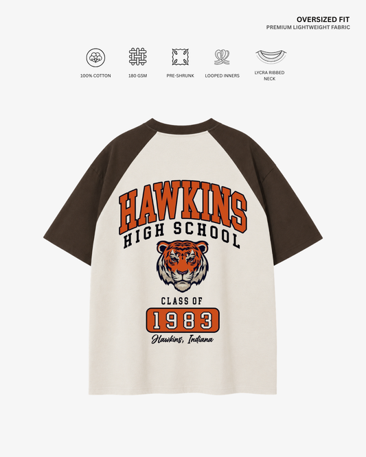 Hawkins High School Unisex Raglan Oversized T-Shirt | Antherr Core Coffee Brown-Off White Cotton 180 GSM