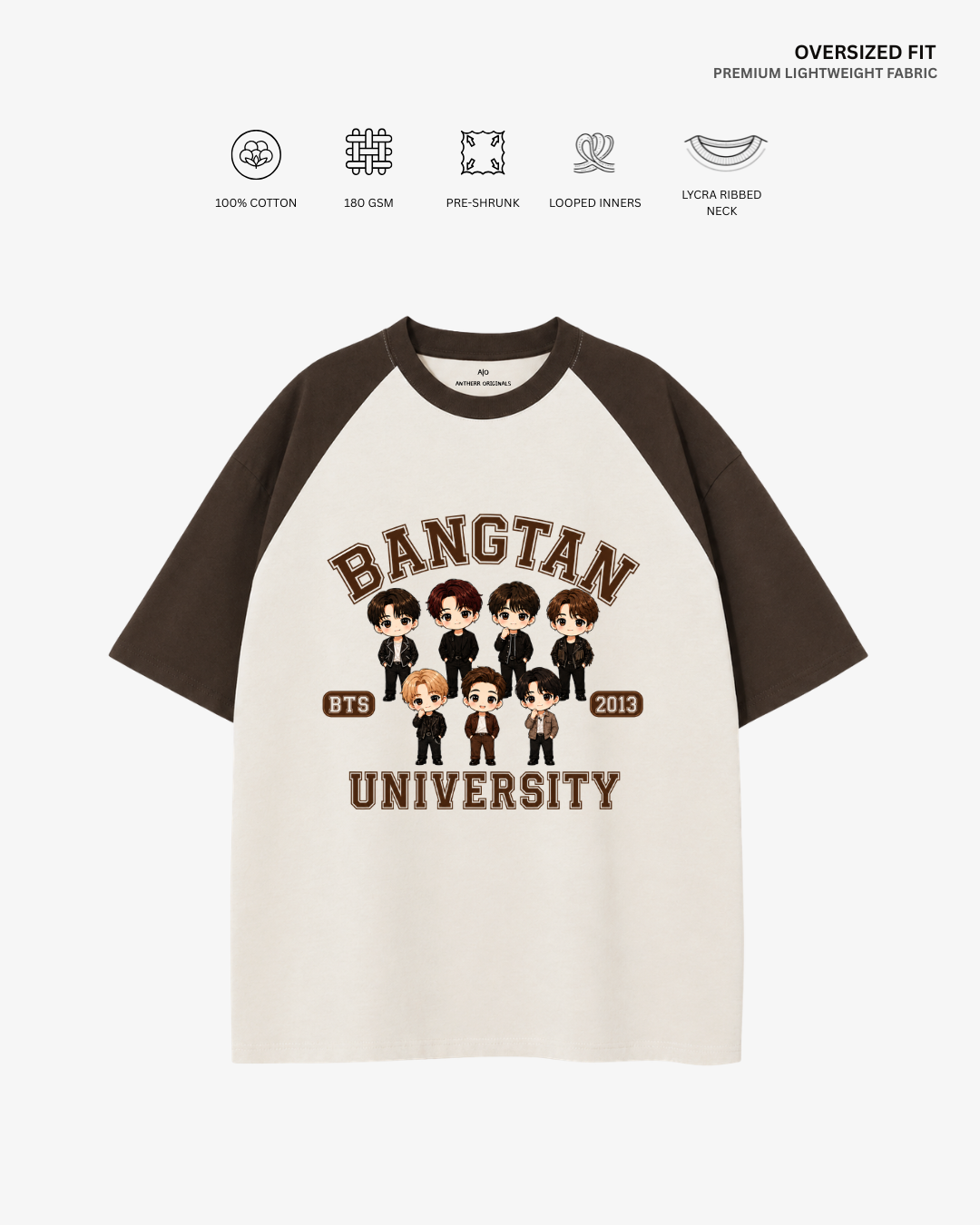 Bangtan University Unisex Ranglan Oversized T-Shirt | Antherr Core Coffee Brown-Off White Cotton 180 GSM