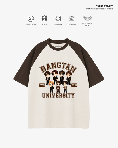 Bangtan University Unisex Ranglan Oversized T-Shirt | Antherr Core Coffee Brown-Off White Cotton 180 GSM
