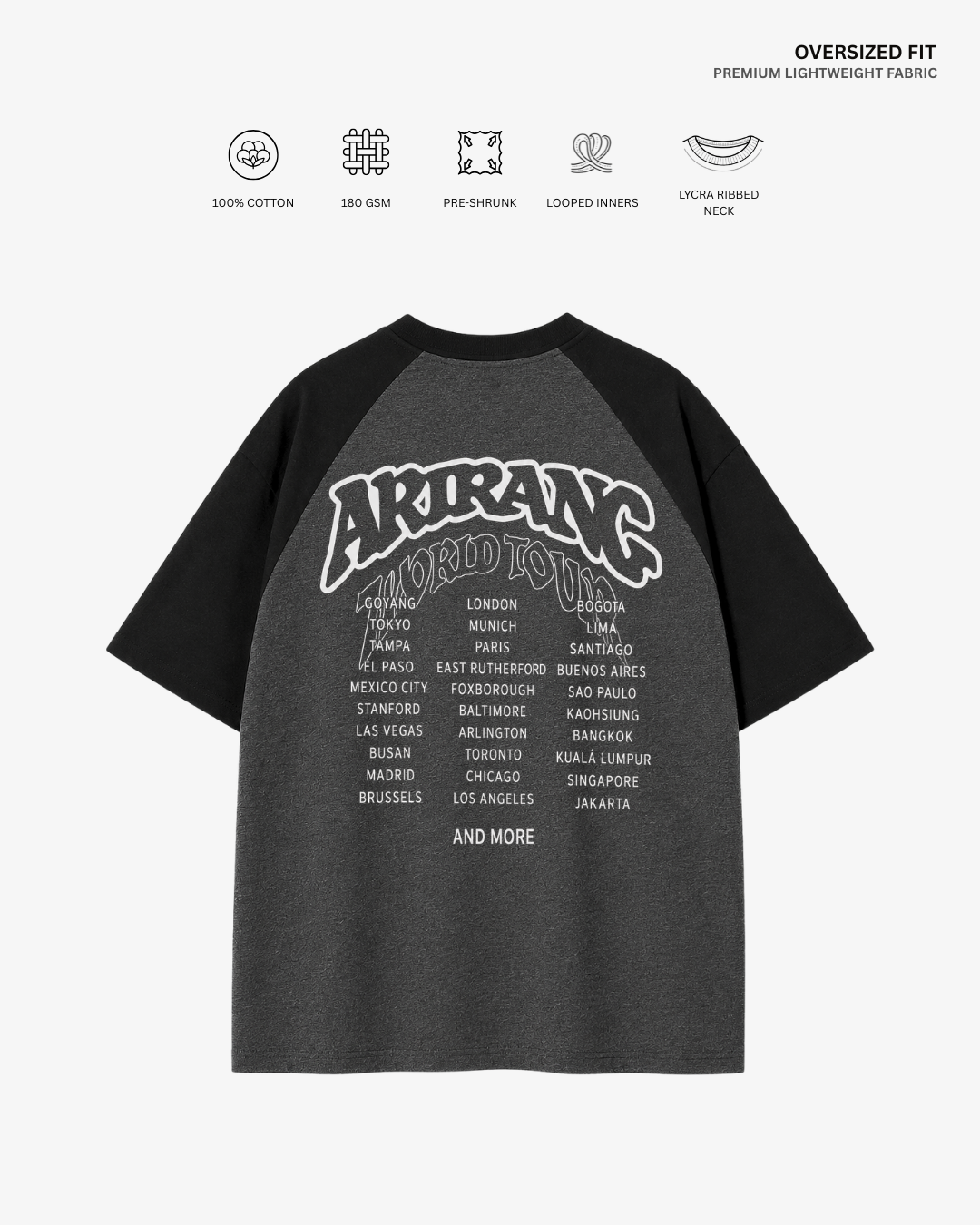 Arirang World Tour Unisex Ranglan Oversized T-Shirt | Antherr Core Black-Charcoal Grey Cotton 240 GSM