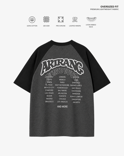 Arirang World Tour Unisex Ranglan Oversized T-Shirt | Antherr Core Black-Charcoal Grey Cotton 240 GSM