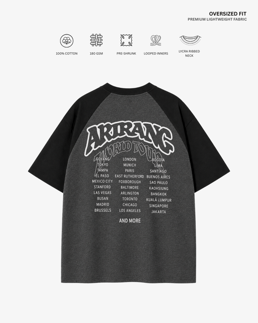 Arirang World Tour Unisex Ranglan Oversized T-Shirt | Antherr Core Black-Charcoal Grey Cotton 240 GSM