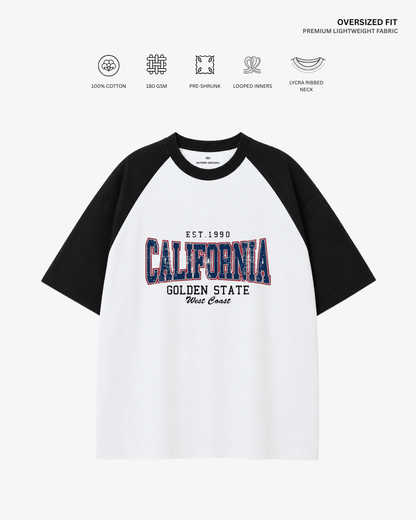 California Unisex Raglan Oversized T-Shirt Black-White Cotton 180 GSM