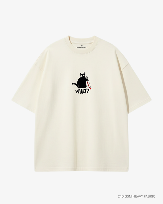 What? Cat Graphic Unisex Oversized T-Shirt | Antherr Core OFF-WHITE 240 GSM Cotton