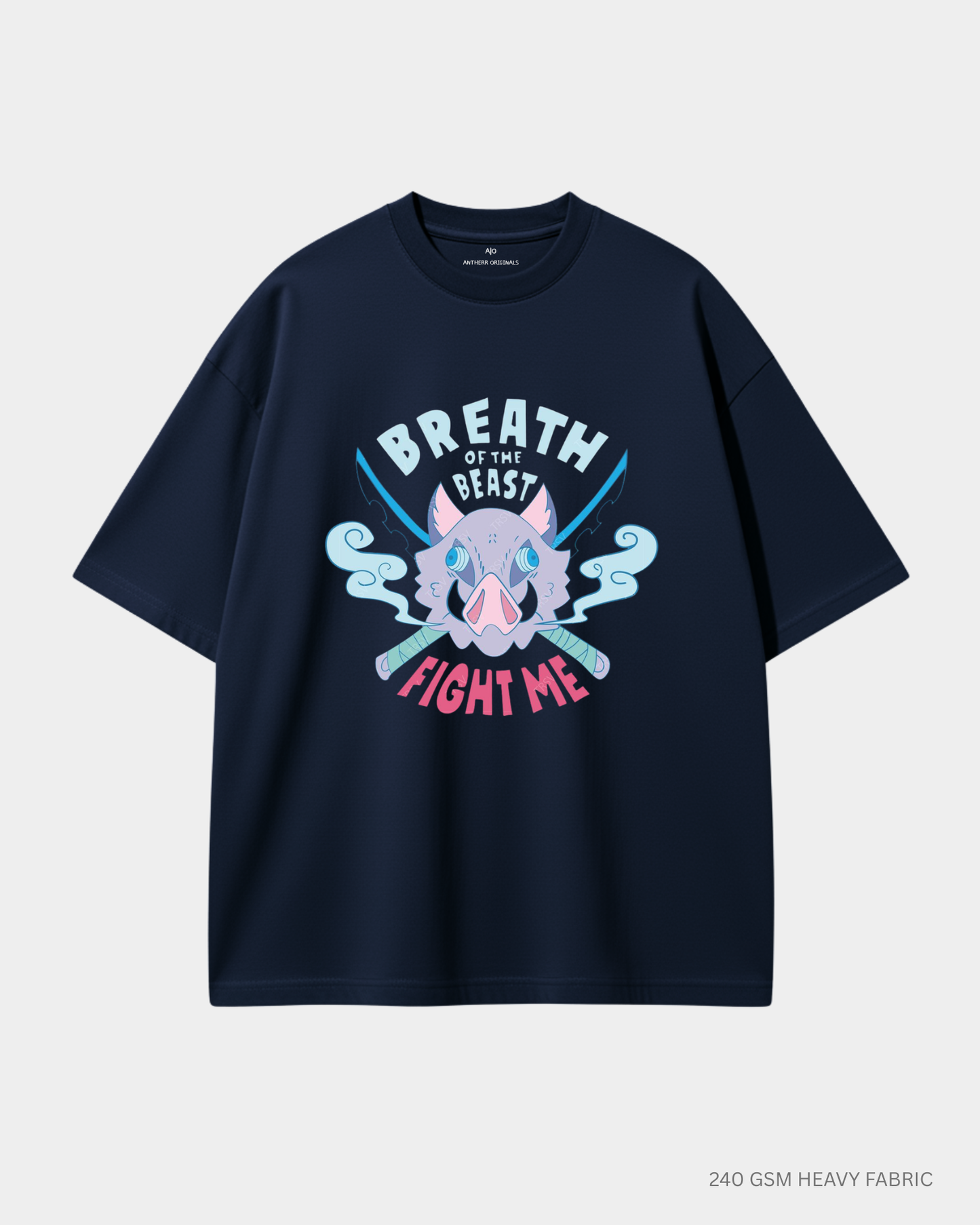 Inosuke Beast Breathing Unisex Oversized T-Shirt | Antherr Core Navy Blue Cotton 240 GSM