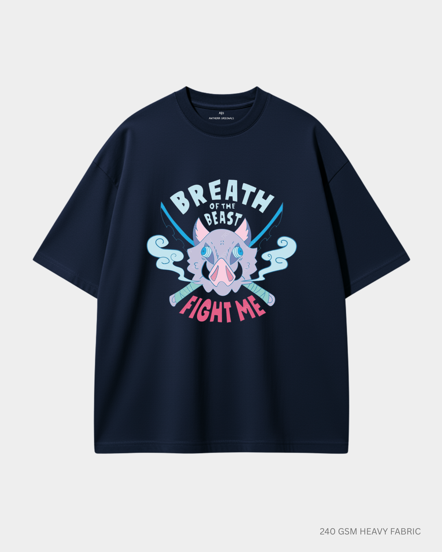 Inosuke Beast Breathing Unisex Oversized T-Shirt | Antherr Core Navy Blue Cotton 240 GSM