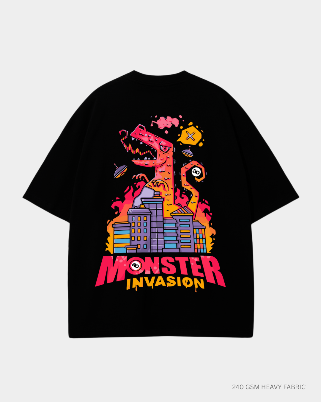 Monster Invasion Oversized T-Shirt for Men & Women | Antherr Originals Black Cotton 240 GSM