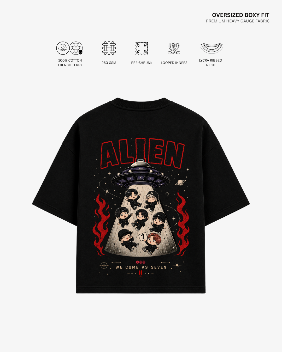 Chibi Alien Arirang Unisex French Terry Oversized T-Shirt Black Cotton French Terry 260 GSM