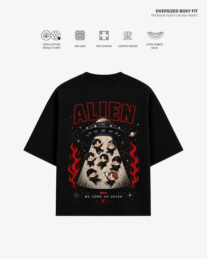 Chibi Alien Arirang Unisex French Terry Oversized T-Shirt Black Cotton French Terry 260 GSM