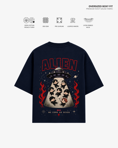 Chibi Alien Arirang Unisex French Terry Oversized T-Shirt Navy Blue Cotton French Terry 260 GSM