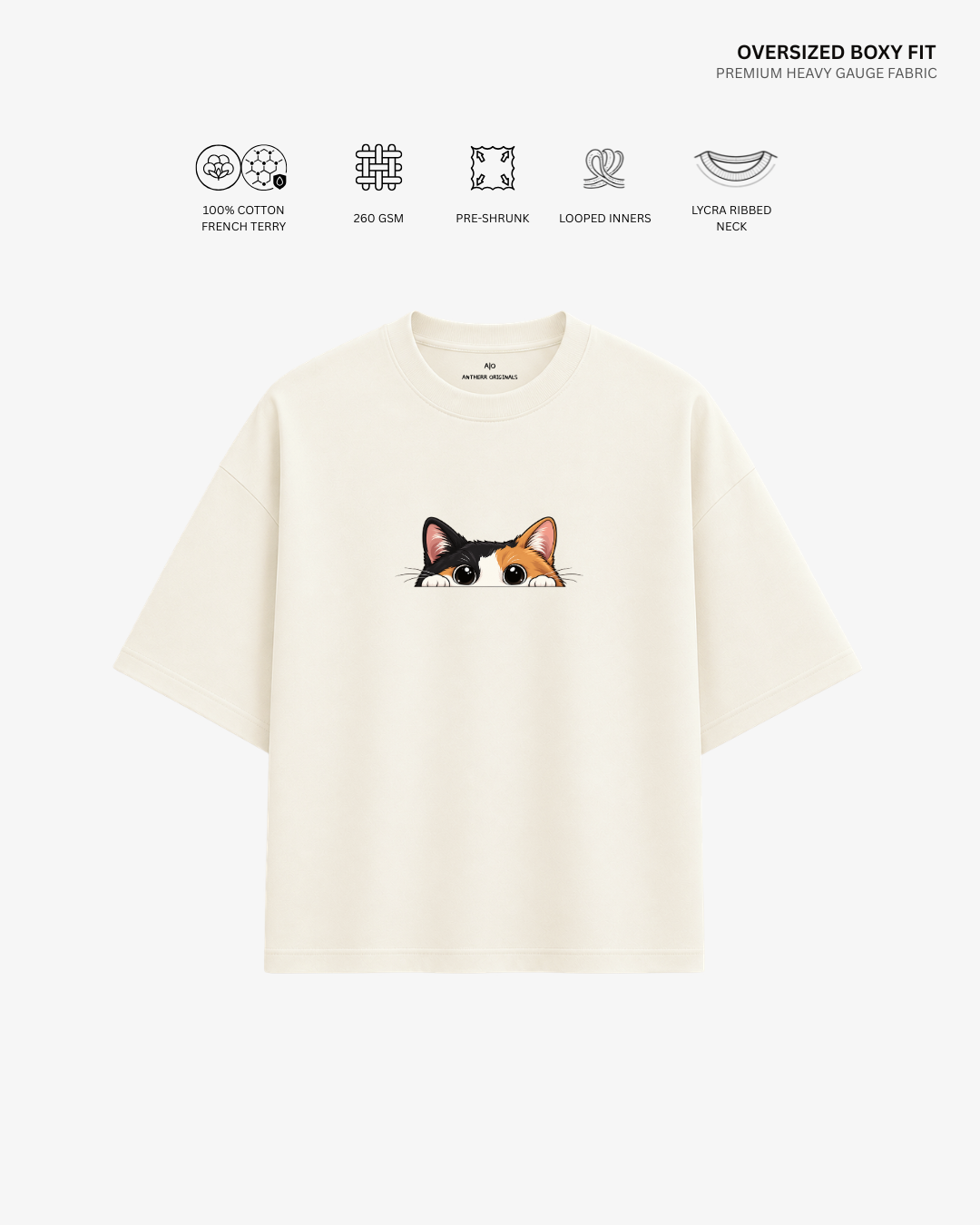 Peekaboo Cat French Terry Oversized T-Shirt | Antherr Core Off White Cotton French Terry 260 GSM