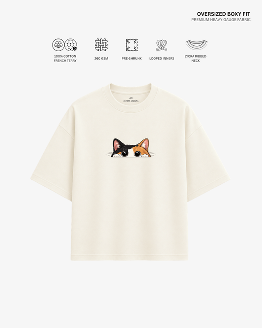 Peekaboo Cat French Terry Oversized T-Shirt | Antherr Core Off White Cotton French Terry 260 GSM