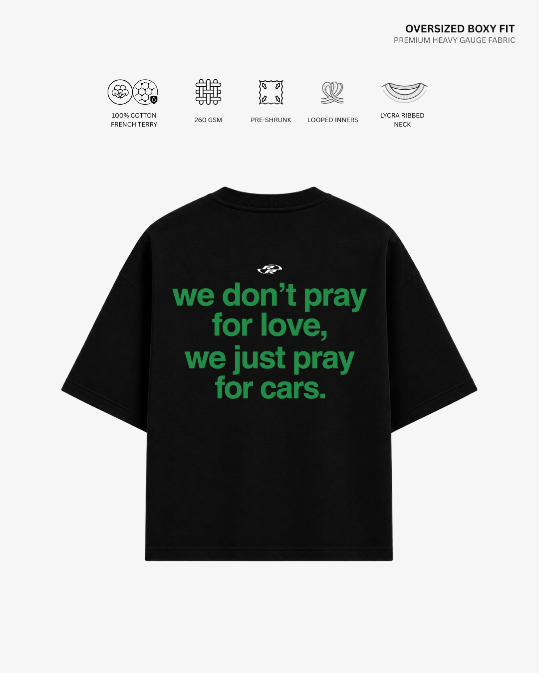 We Pray for Cars Unisex French Terry Oversized T-Shirt | Antherr Originals BLACK Cotton 240 GSM