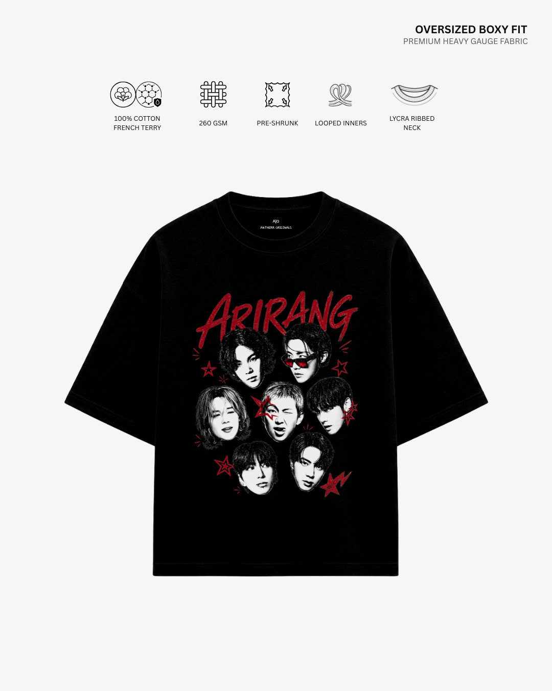 Arirang Squad Unisex Oversized T-Shirt | Antherr Core Black Cotton French Terry 260 GSM