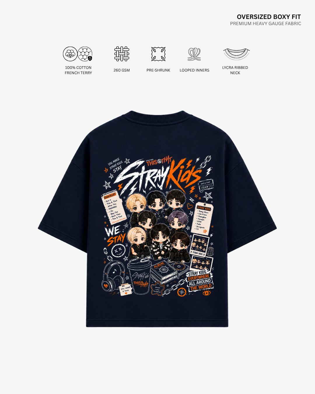 A navy blue oversized boxy-fit T-shirt shown from the back, featuring a large colorful graphic print with cartoon characters, the text 'Stray Kids', and various design elements. The image includes feature icons and text at the top on a light gray background.
