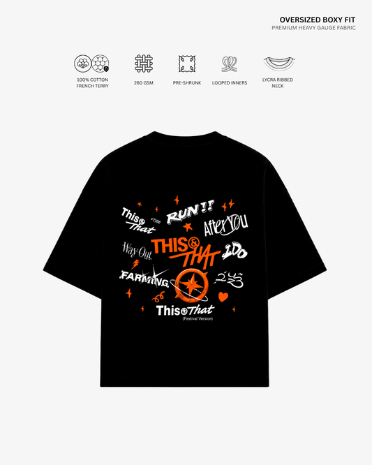 Black oversized boxy-fit T-shirt with a colorful graphic print on the back, displayed on a light gray background with feature icons and text above.
