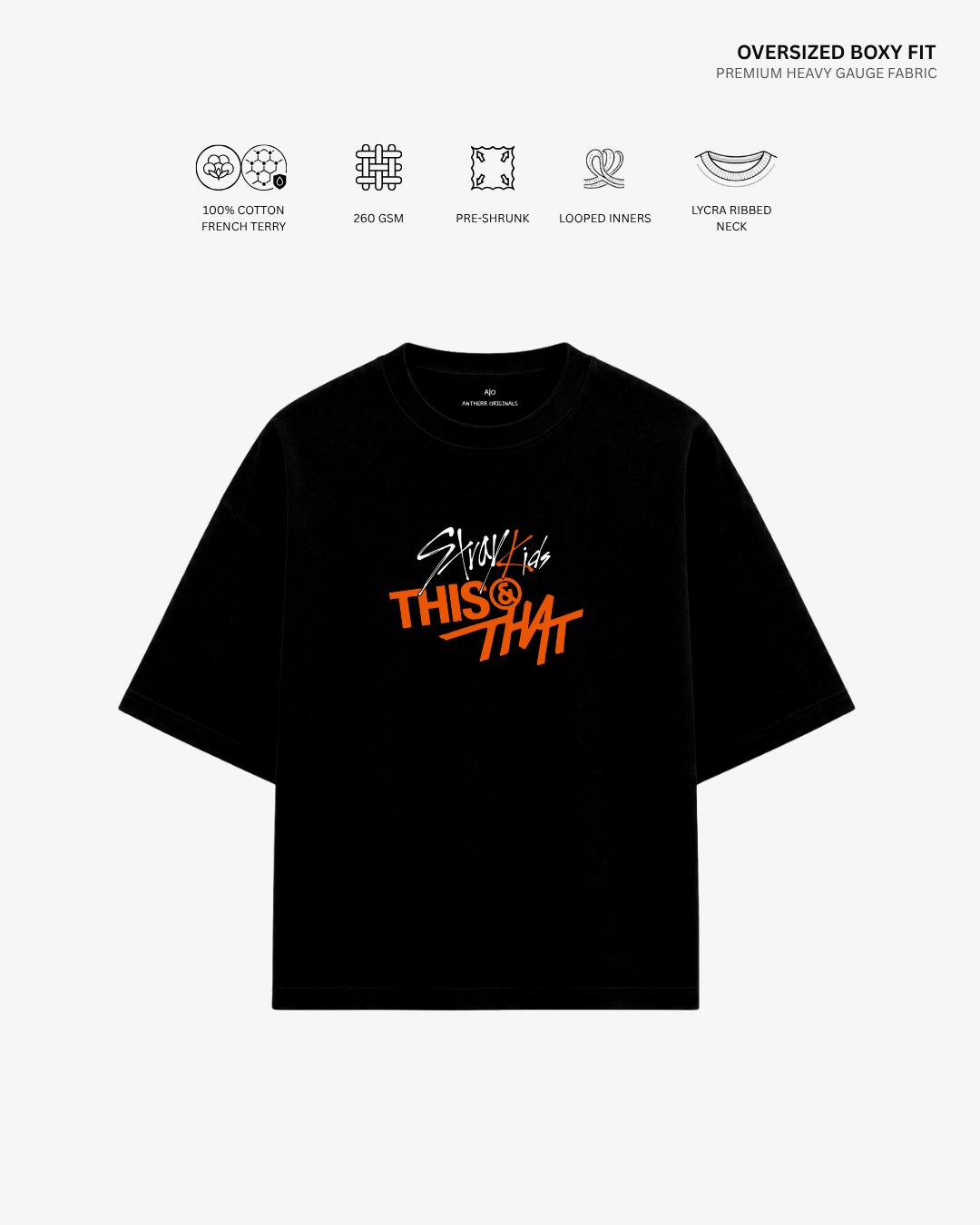 A black oversized short-sleeve T-shirt with a colorful graphic on the chest reading 'Stay like THIS & THAT' in white and orange, shown on a light gray background with feature icons and text above.