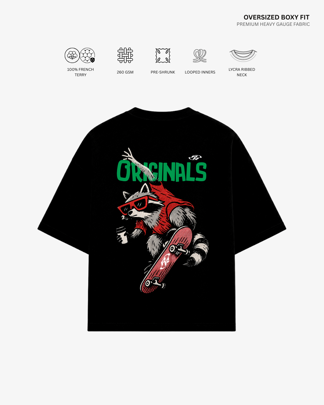 Raccoon Skateboard Unisex French Terry Oversized T-Shirt | Antherr Originals