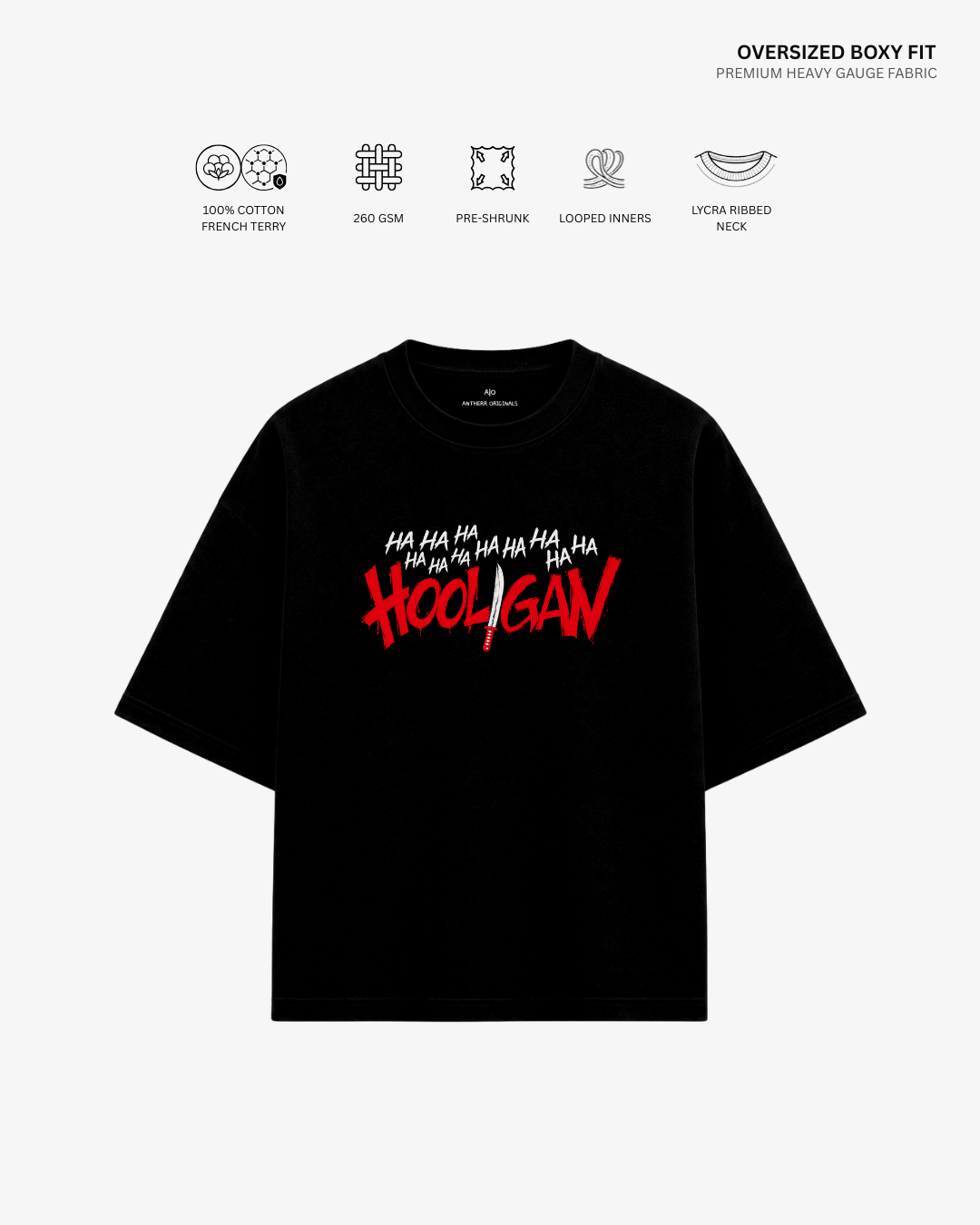 A black oversized short-sleeve t-shirt with a graphic print on the chest featuring the word 'HOOLIGAN' in red and white stylized text, displayed on a light gray background with feature icons and text above it.