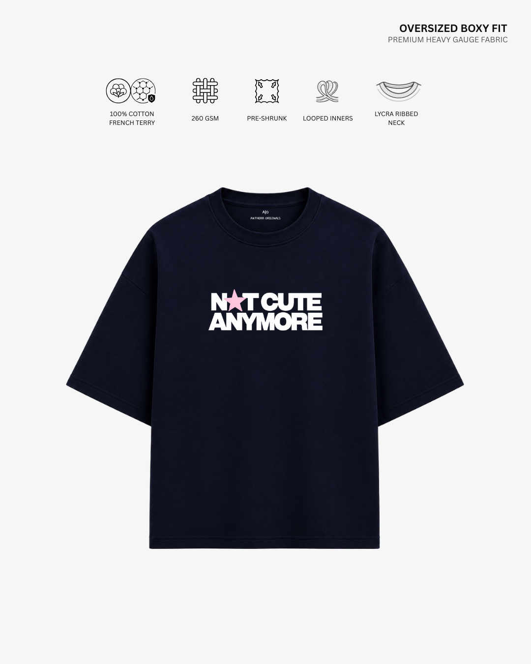 Not Cute Anymore French Terry Oversized T-Shirt NAVY BLUE Cotton French Terry 260 GSM