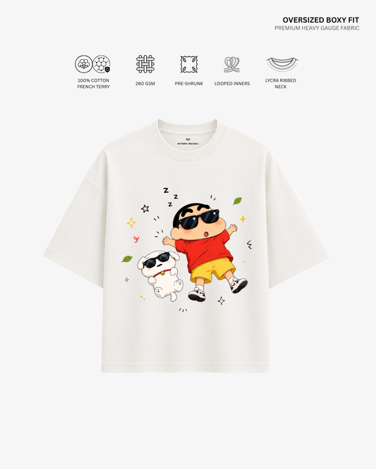 Lazy Vibes Shinchan French Terry Oversized T-Shirt | Antherr Core OFF WHITE Cotton French Terry 260 GSM