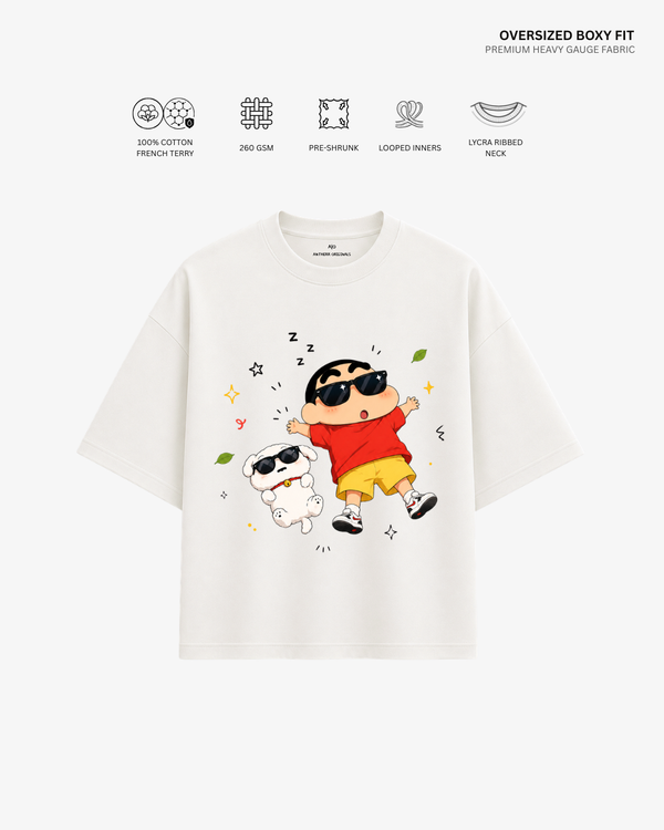 Lazy Vibes Shinchan French Terry Oversized T-Shirt | Antherr Core OFF WHITE Cotton French Terry 260 GSM